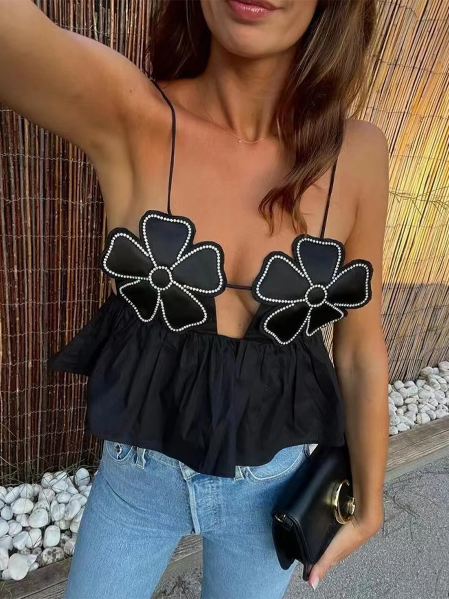 

Women Chic Camisoles Summer Flower Spaghetti Strap Sleeveless Tie-Up Backless Tank Tops Female Vests Short Tanks Streetwear Y2K