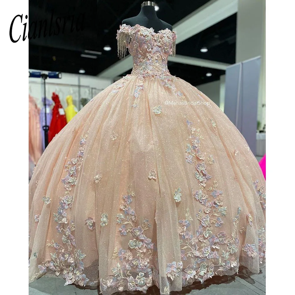 

Champagne Beading Tassel Off The Shoulder Quinceanera Dress Ball Gown 3D Flowers Appliques Lace Corset Vestido De 15 Anos