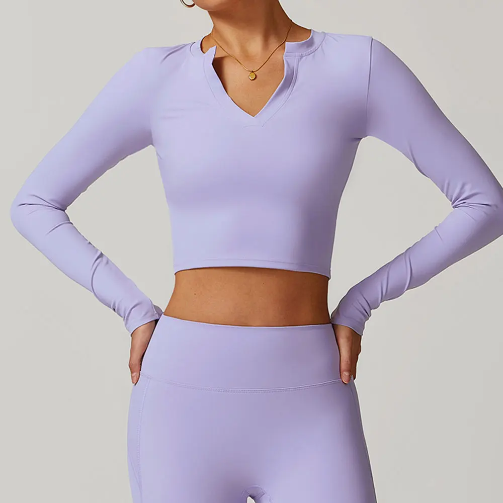 V-neck Jacket Women Clothes Crop Tops Yoga T-shirts Solid Sports Top Long Sleeve Running Shirts Quick Dry Fitness Gym Sport Wear