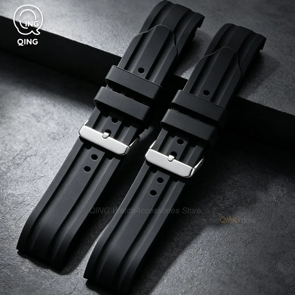 Curved End Silicone Sport Watch Band - Thick Waterproof Rubber Strap