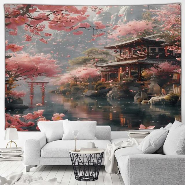 Tapisserie de paysage japonais, fleurs de cerisier roses, montagne brumeuse, paysage asiatique, décoration murale pour la maison, le salon et la chambre à coucher 2