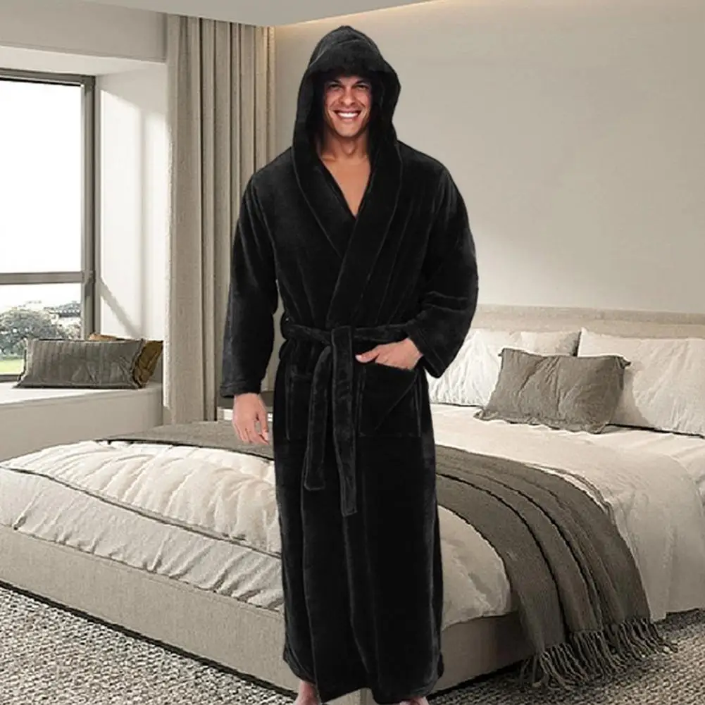 

Men Hooded Bathrobe Flannel Robe Long Bath Robe Home Gown Sleepwear Soft Fluffy Hooded Bathrobe Quick Dry Lounging Bathrobe