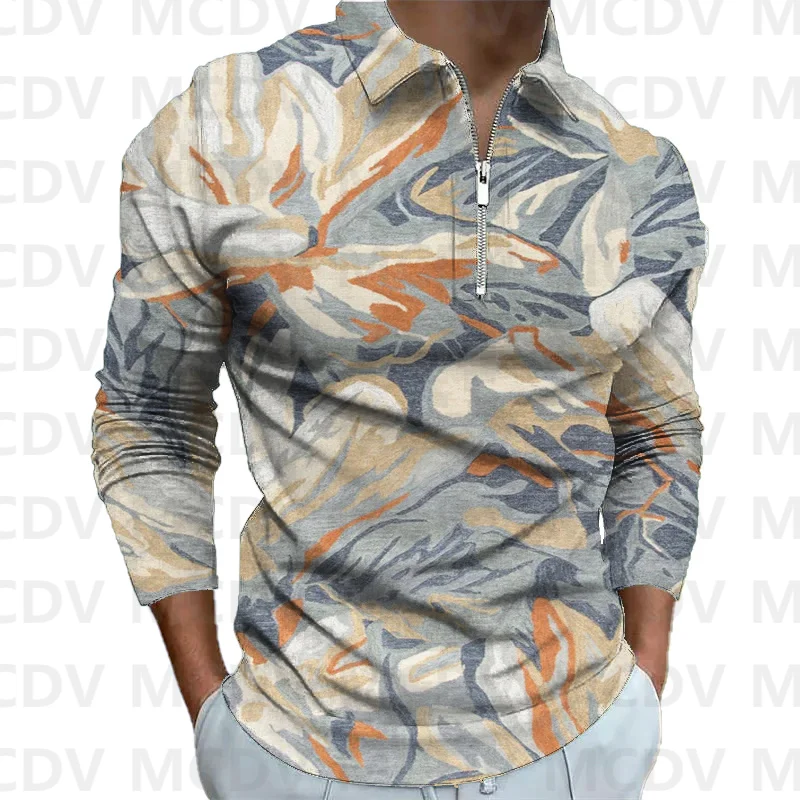 

Men's Long Sleeve Zipper Polo Shirt Retro Flower 3D Printed Polo Long Sleeve T Shirt Casual Tops