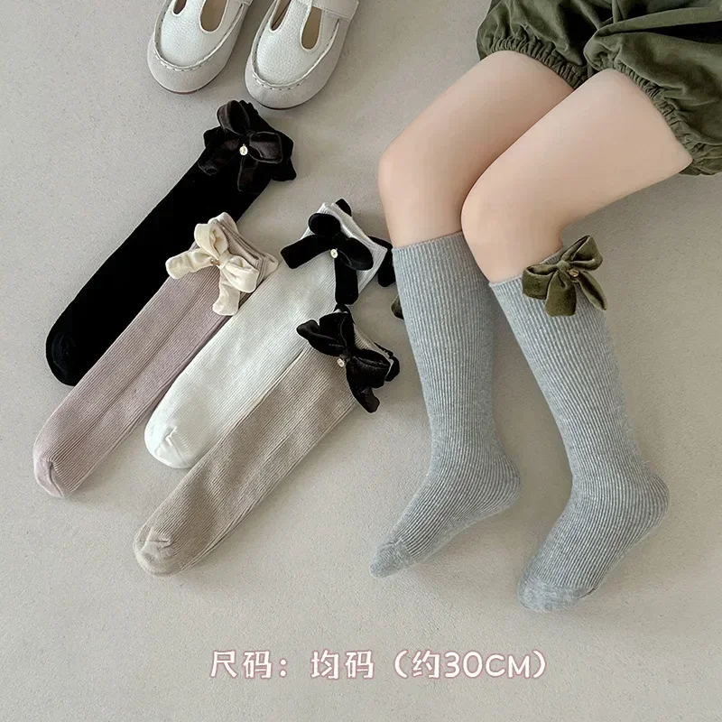 Cute Kids Girls Calf Stockings Retro European Style Bowknot Calf Socks for Toddler Girl Spring Autumn Cotton Kids School Socks