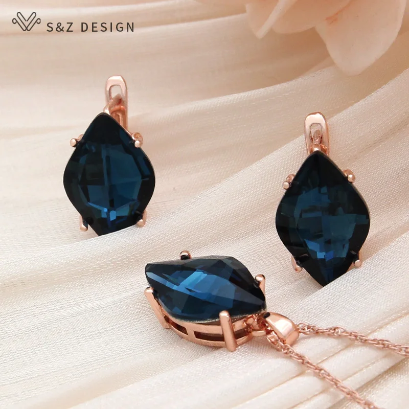 S&Z DESIGN New Fashion Luxury Prismatic Crystal Dangle Earrings  For Women Wedding 585 Rose Gold Color Eardrop Jewelry Gift