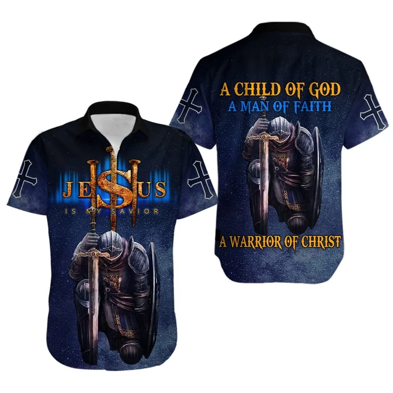 thumbnail image 1 of Camisetas americanas de una nación bajo Dios para hombre, camisetas hawaianas con botones de manga corta y estampado 3D de la bandera patriótica de Jesús, 1 of 5
