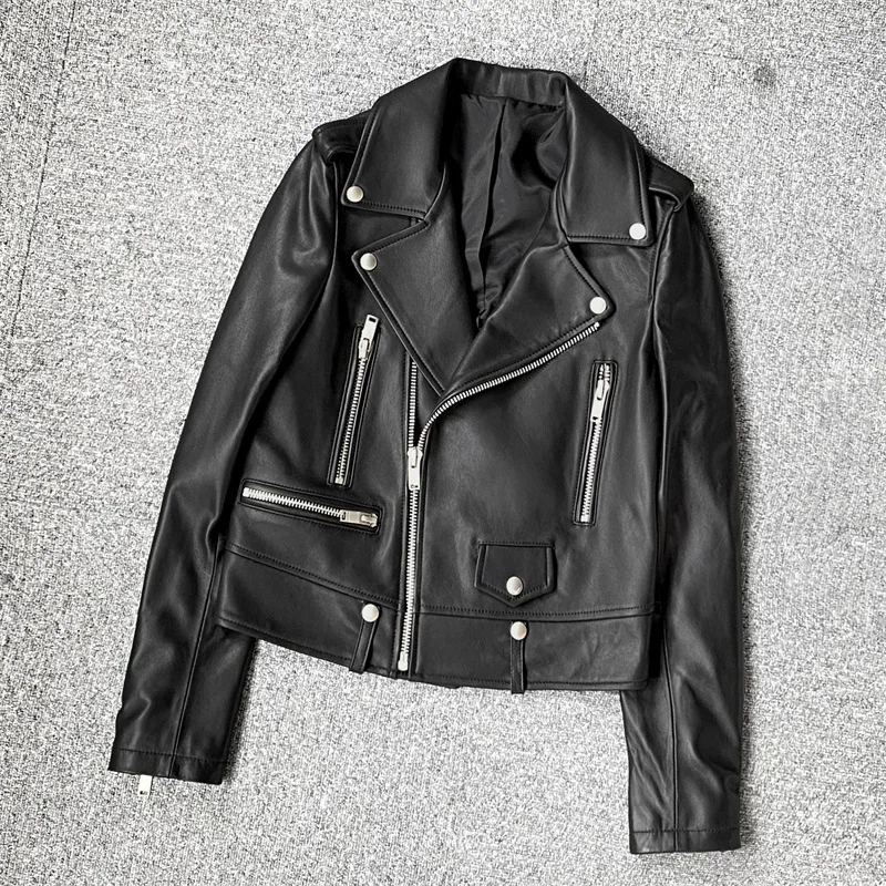 2022 Women New Trend Asymmetrical Zipper Slim Genuine Sheepskin Leather Locomotive Jacket E11