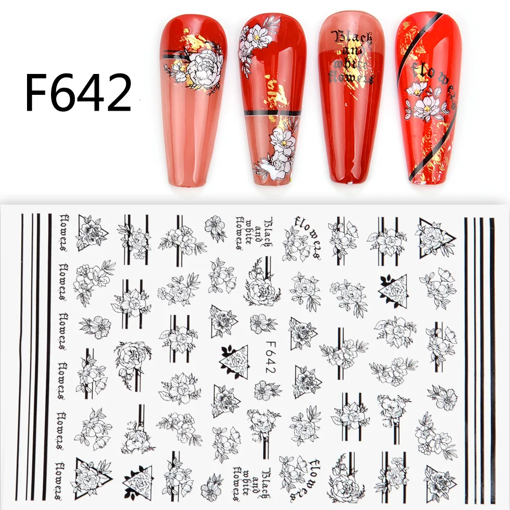 Nail Stickers Black and White Love Flowers Line Art 3D Decals Butterfly Rose Sliders
