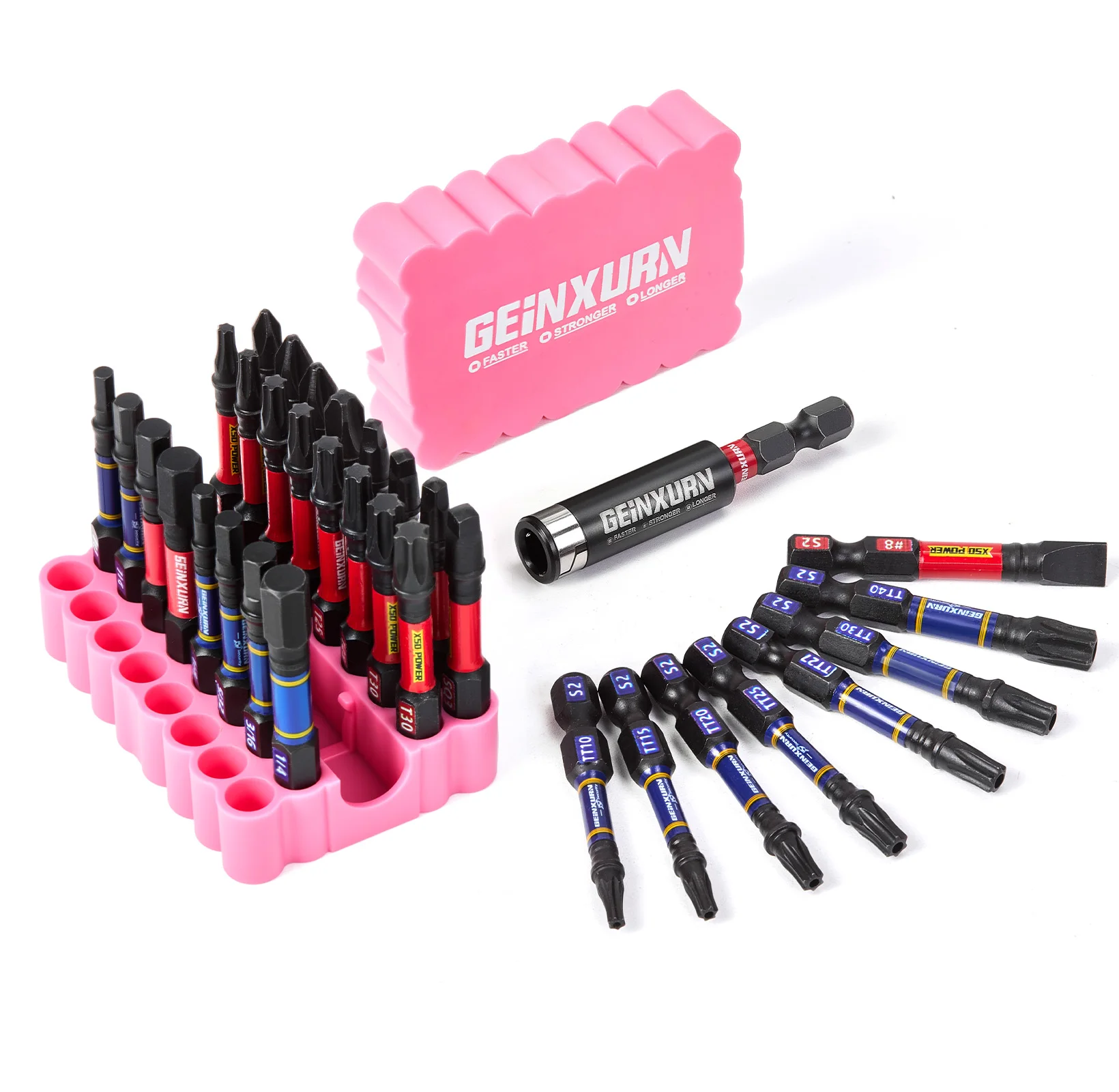 Geinxurn 33Pcs Impact Screwdriver Bits Set, 2”Multi Head Magnetic S2 Steel Driver Bits With Pink Soft Base