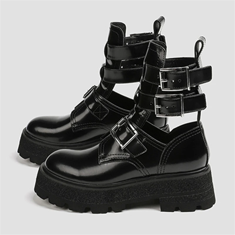 

Hollow Out Women Black Demonia Summer Boots Thick Sole Platform Shoes Autumn Straps Short Booties Knight Botines Mujer Creepers