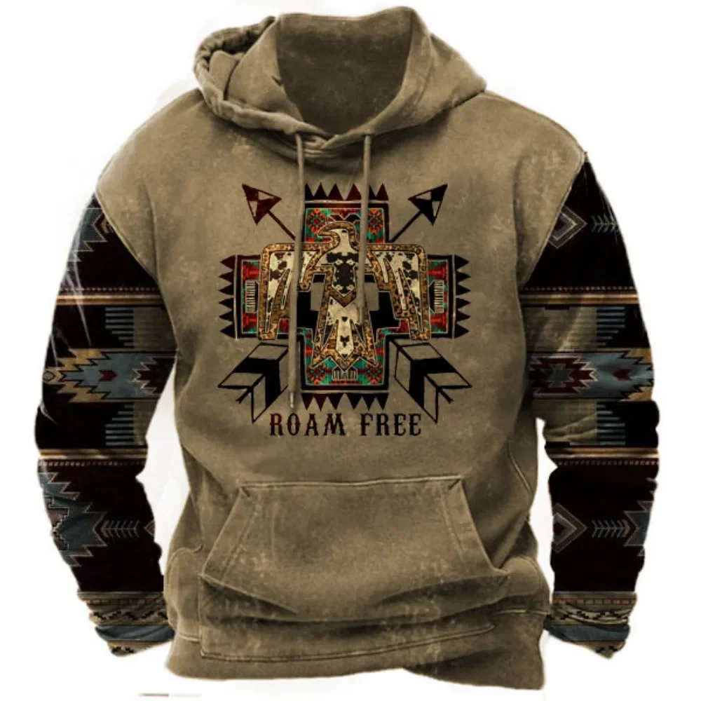 Retro Indian Animal Feather Men's Hooded Sweatshirt 3D Printed Harajuku Street Casual Long Sleeved Autumn Spring Top Sweater