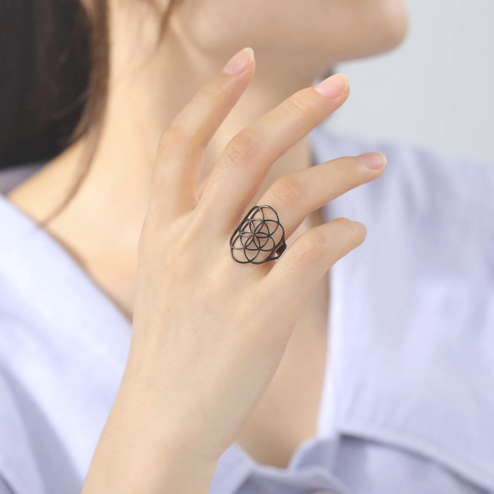 Flower of Life Seed of Life Hollow Adjustable Ring Stainless Steel Jewelry Gift Anniversary stainless steel ring adjustable rings
