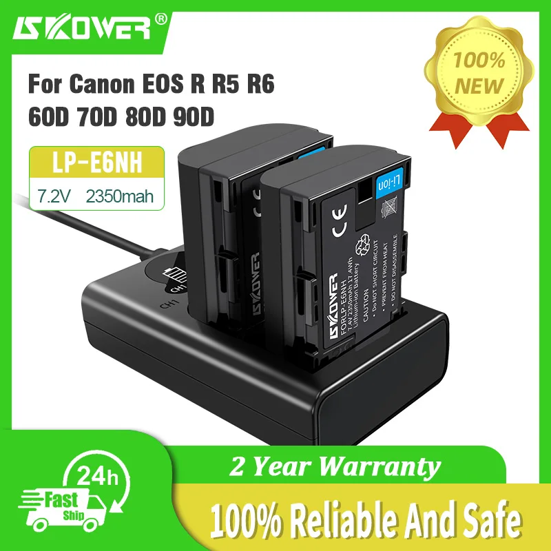 

LP-E6NH Аккумулятор для Фотоаппарата Canon EOS R R5 R6 60D 70D 80D 90D 5D IV 5DS R 7D Mark с двойным зарядным устройством, 2350 мАч