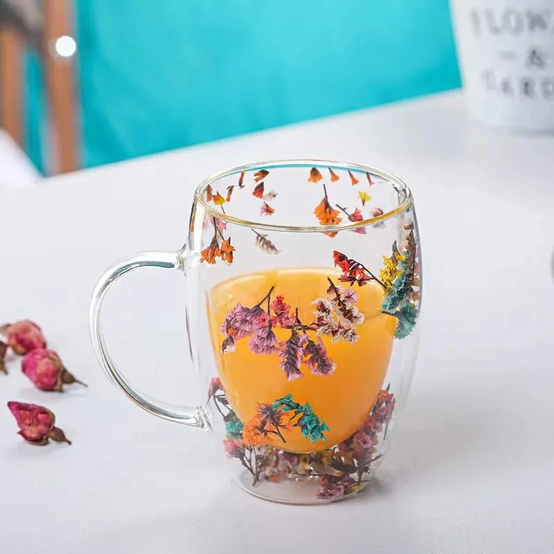 Dried Flower Double Wall Clear Glass Coffee Mugs Double Insulated Glass Cup For Hot Cold Beverages Latte Espresso Cup 4pcs