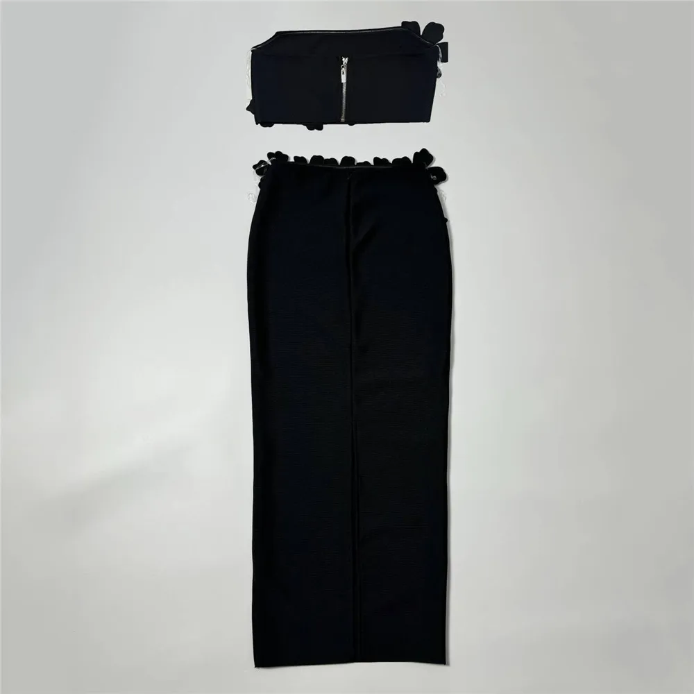 2024 Two Pieces Sets Sexy Beading Strapless Top Long Skirt Women Bodycon Clothing Elegant Party Bandage Sets 4