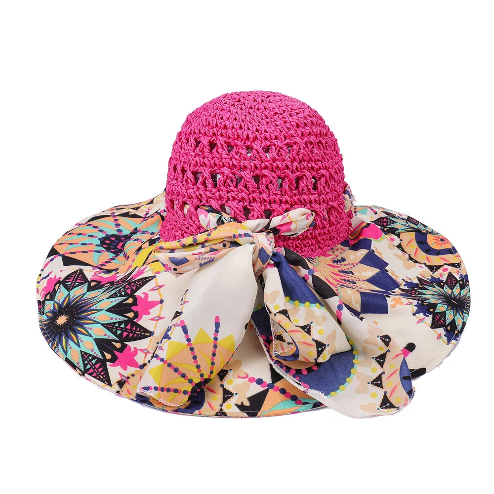 Frauen Frühling Sommer breite Krempe Falt strohhut für Strand urlaub Dame böhmischen Stil Blume Sonnenschutz kappe mit Fliege neu – Detail 22