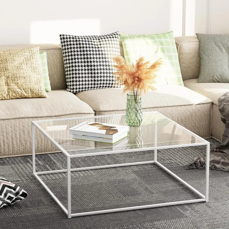 Glass Coffee Table Square Coffee Table for Small Space,Tempered Glass-top with Sturdy Metal Frame,Easy Assembly 6