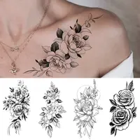 Waterproof Temporary Tattoo Sticker Flowers Roses Lilies Peonies Geometric Patterns Body Art Arm Fake Tattoos Sleeve Women Men 1