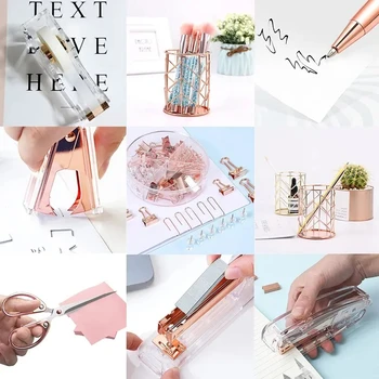 Complete Office Supplies Set -Acrylic Stapler Tape Holder Pen Holder Ballpoint Pens Scissors Binder Paper Clip Staples 4