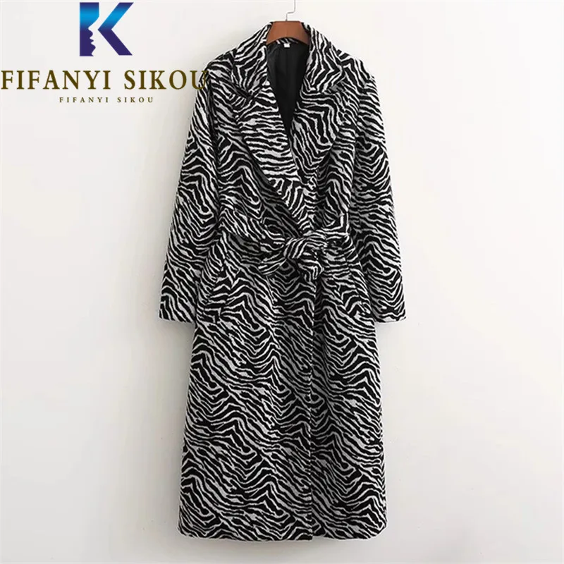 

Winter Coat Women 2023 New Zebra Print Long Woolen Coat Lapel Lace Up Fashion Loose Wool Blend Thick Warm Overcoat Female