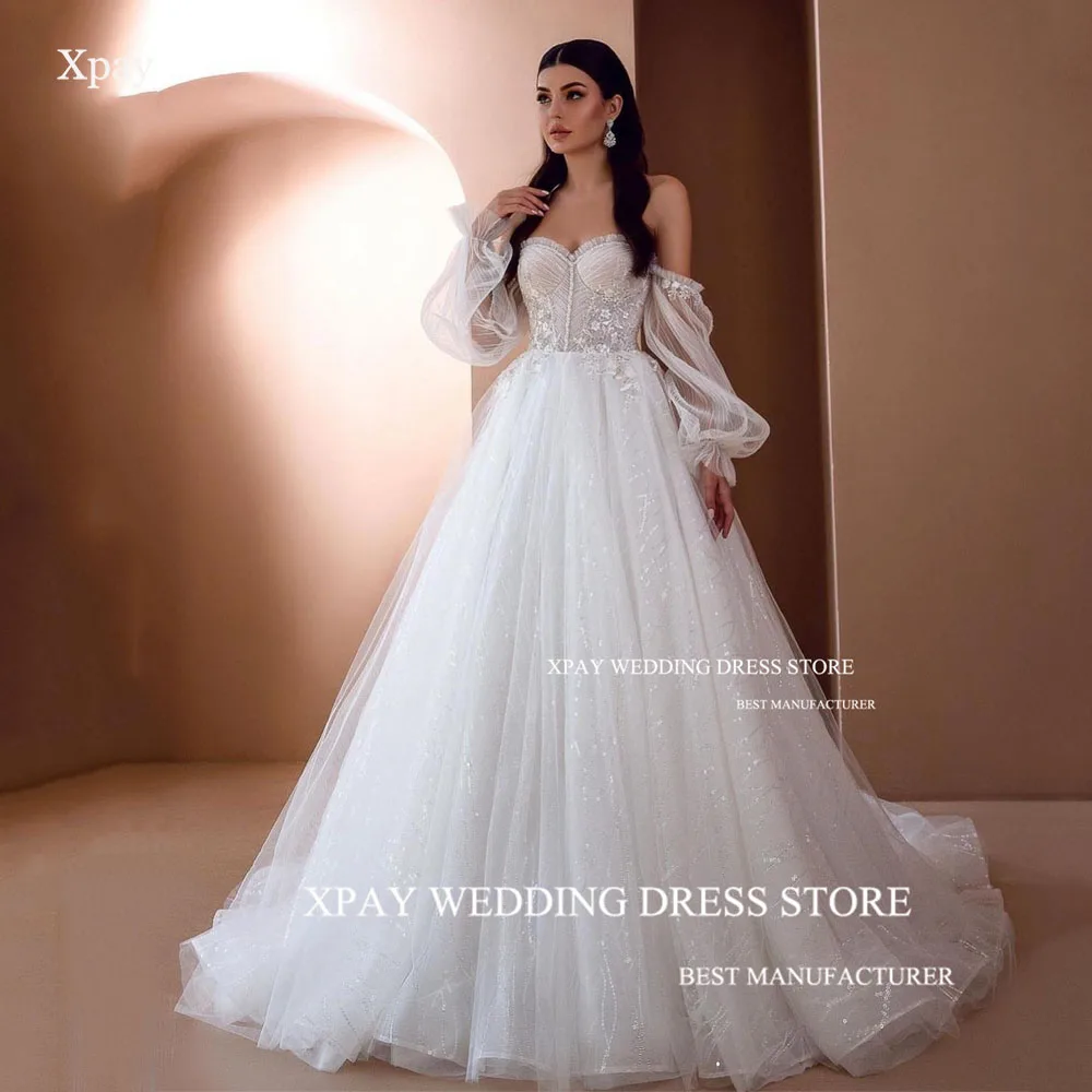 Xpay Princess Off Spalla Una Linea Abiti Da Sposa Manica Lunga A Sbuffo Appliques Di Pizzo Abito Da Sposa Scintillante Perline Boho Abito Da Sposa