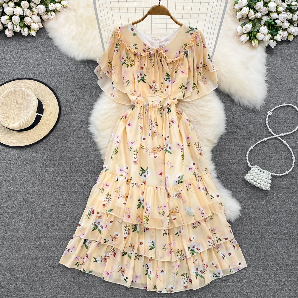

Summer High Waist Ladies Casual Sweet Women Fashion Butterfly Sleeve V Neck Floral Ins Elegant A Line Party Female Vestido Dress