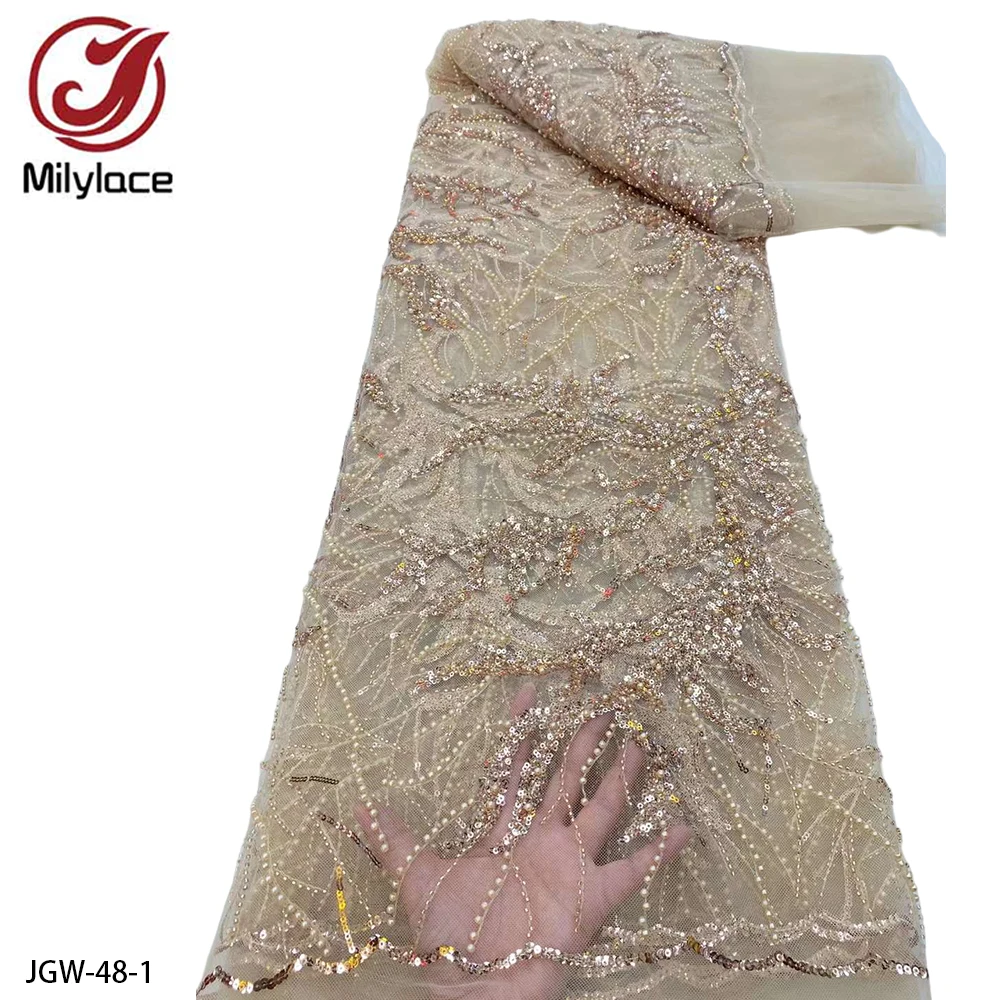 

2022 African Beaded Lace Lace Fabric High Quality Sequins French Mesh Tulle Lace Fabric for Wedding Party Dress JGW-48