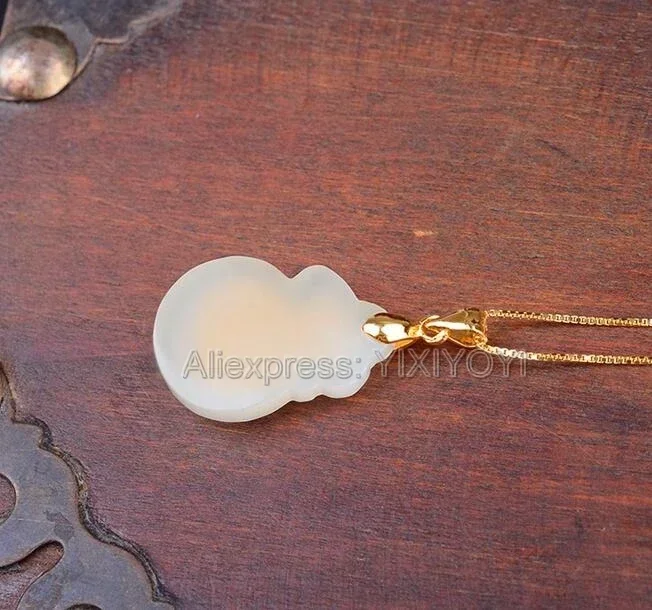 Pendant Necklace Natural White Hetian Jade 18K Gold Inlaid Money Bag