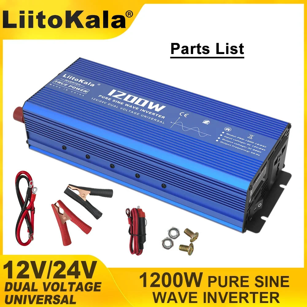 LiitoKala Intelligent 1200W/2400W Sine Wave Grid Solar Inverter 12V/24V Input 220V 50Hz Output Multiple Protection Metal Shell USB output