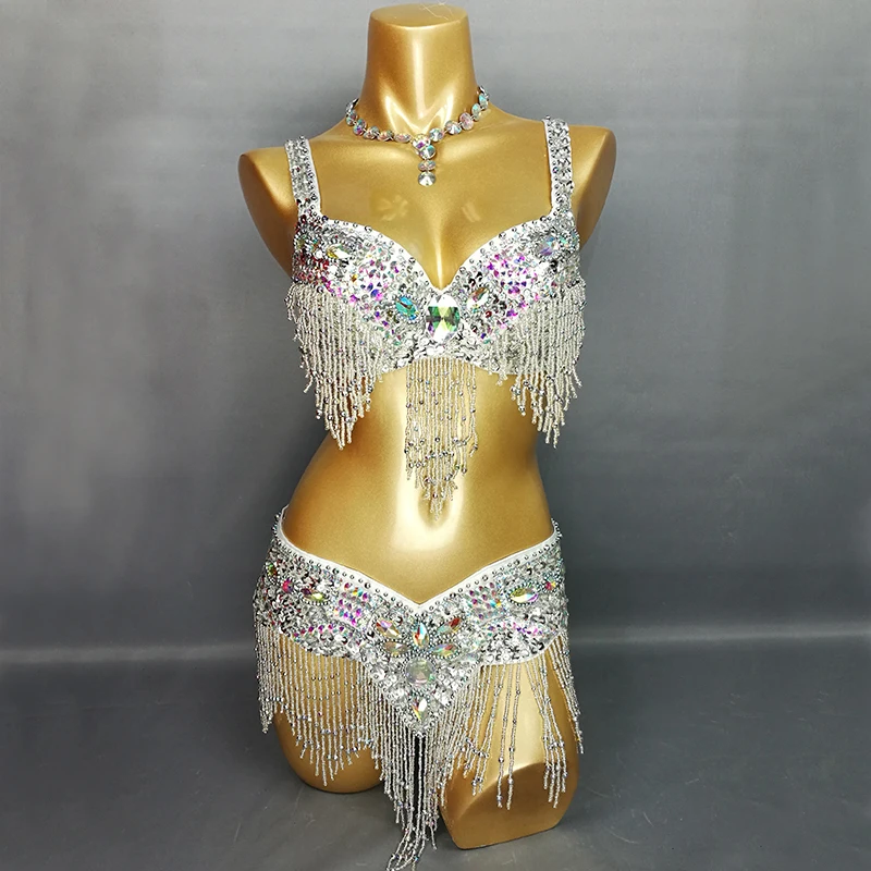 

Hot Sale Women's Beaded Belly Dance Costume Wear Bar+Belt 2pc Set Ladies Bellydancing Costumes Bellydance Clothes