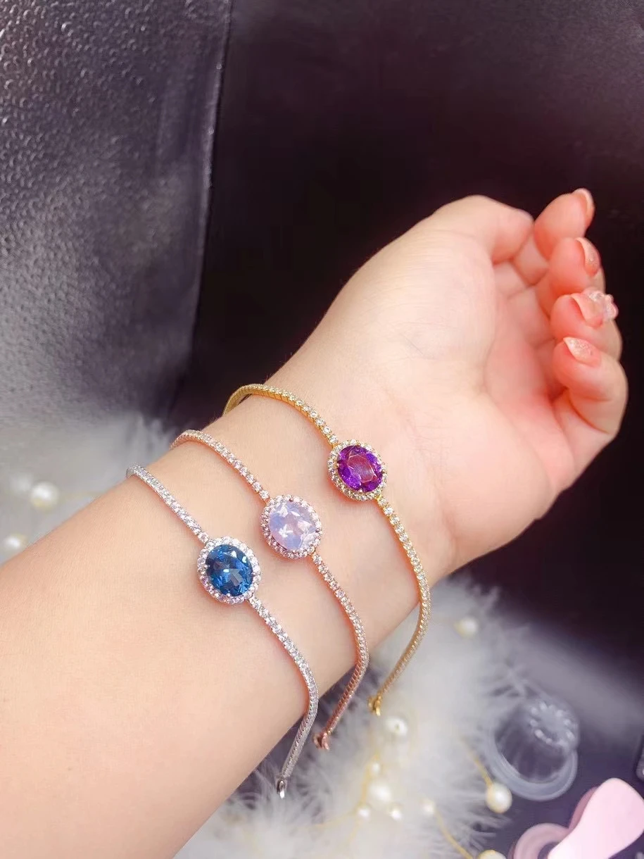 

925 Silver Gemstone Bracelet for Daily Wear 8mm*10mm 3 Ct Natural Topaz and Amethyst with 3 Layers 18K Gold Plated Jewelry