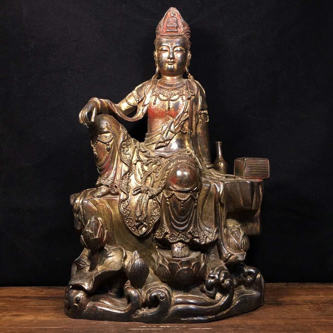 

14"Tibetan Temple Collection Old Bronze Cinnabar mud gold comfortable Avalokitesvara Buddha worship buddha Town house Exorcism