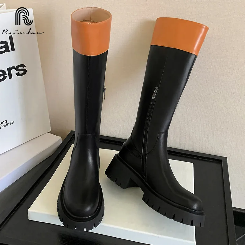 RAINBOW Size 33-40 Fashion Women Leather Knee High Boots Classic Style INS Riding Quality Mixed Color Thick Heels Autumn Winter