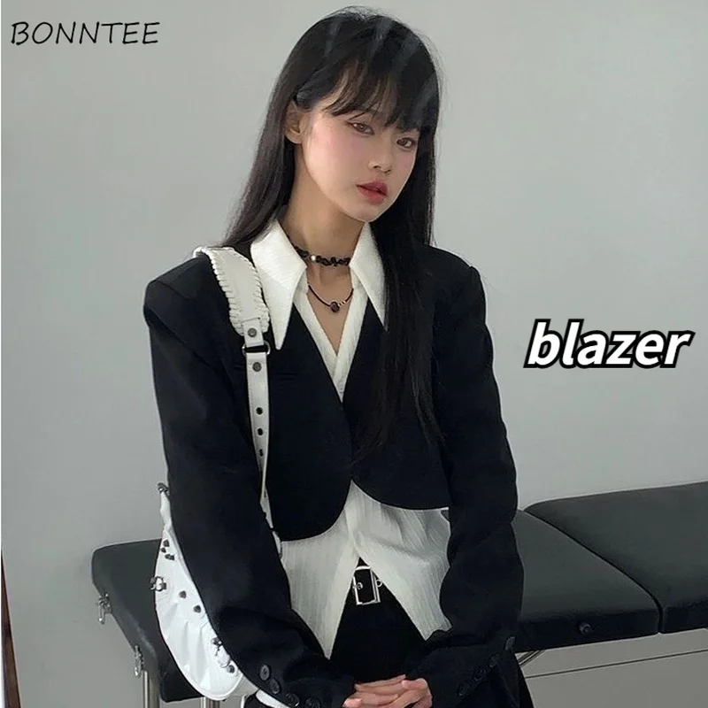 

Blazers Women Black Vintage Fashion Hot Sale Spring Office-look Simple Crops Design Cozy All-match Korean Style Tender Outwear