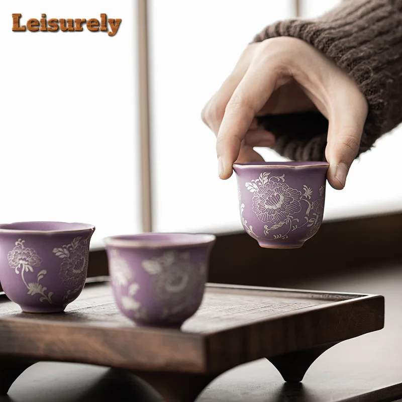 2pc/lot Purple Ru Kiln Gilded Silver Peony Entangled Lotus Teacup Tea Bowl Mug Tea-tasting Meditation Cup Jianzhan Master Cups