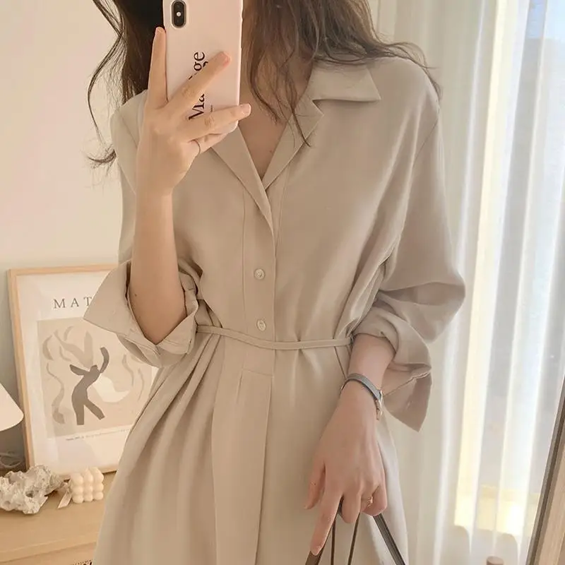 

Korean Chic Minimalist All-Matching Lapel Single-Breasted Lace up Waist-Tight Slit Hemline at Hem Shirt Dress for Women