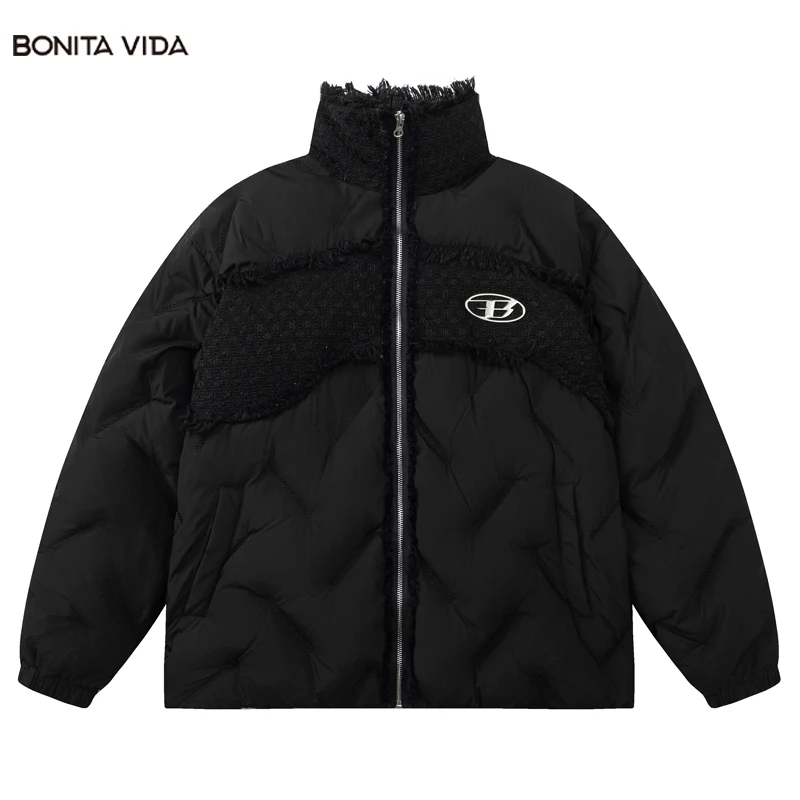 

Men Winter Black Parkas Streetwear Harajuku Tassel Patchwork Solid Color Thick Warm Bubble Coats Jackets Men 2023 Hip Hop Parka