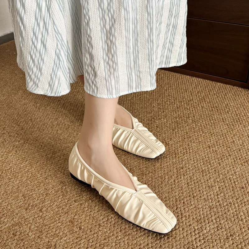 Aphixta Pleated Shallow Ballets Flats Shoes Elegant Women Korean Style Soft Sole Loafers Women Work Shoes Comfortable for Work
