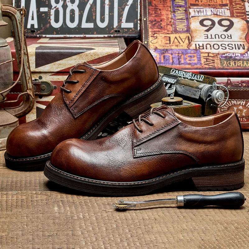 British Vintage Handmade Leather Casual Shoes Round Toe Soft Leather Business Dress Shoes Men's Wedding Workwear