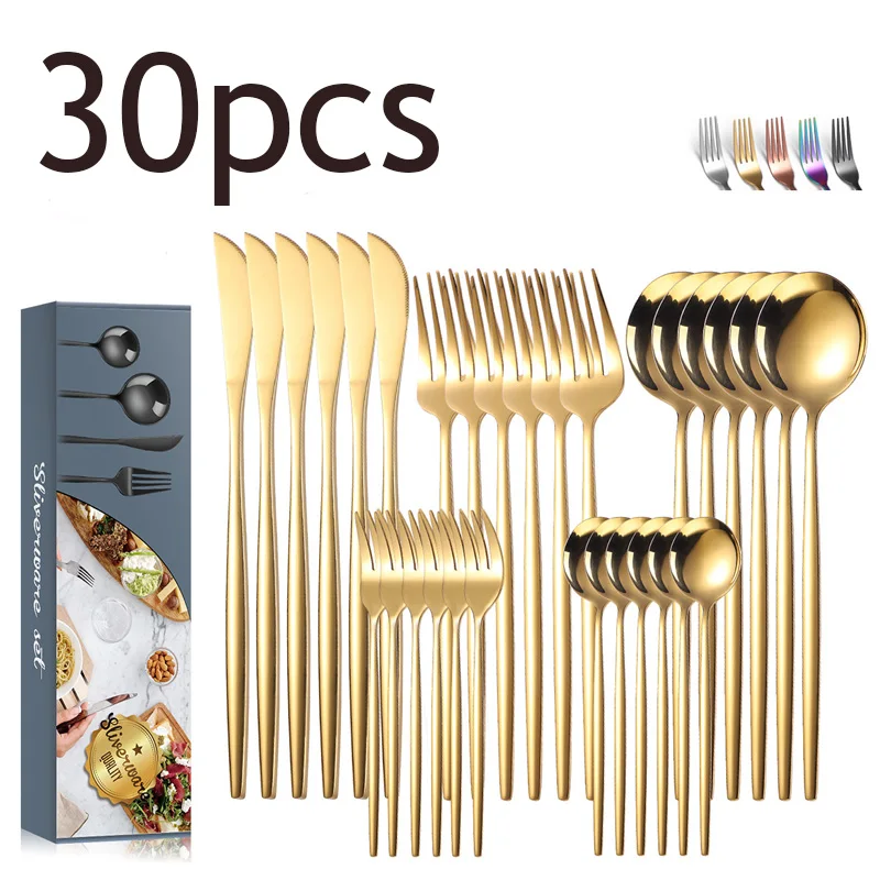 Stainless Steel Tableware Complete 30 Pieces Dinner Cutlery Set Golden Silver Steak Knife Fork Soup Spoon