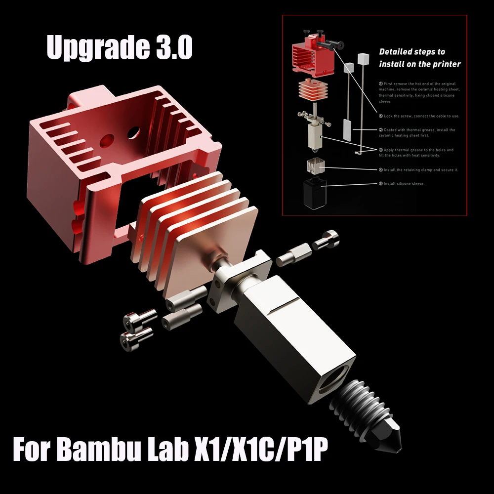 

Обновление 3,0 для Bambu Lab Hotend V3 в сборе, Горячий Конец, закаленная стальная насадка Bambu P1s Hotend X1c X1 P1p, Печатная головка