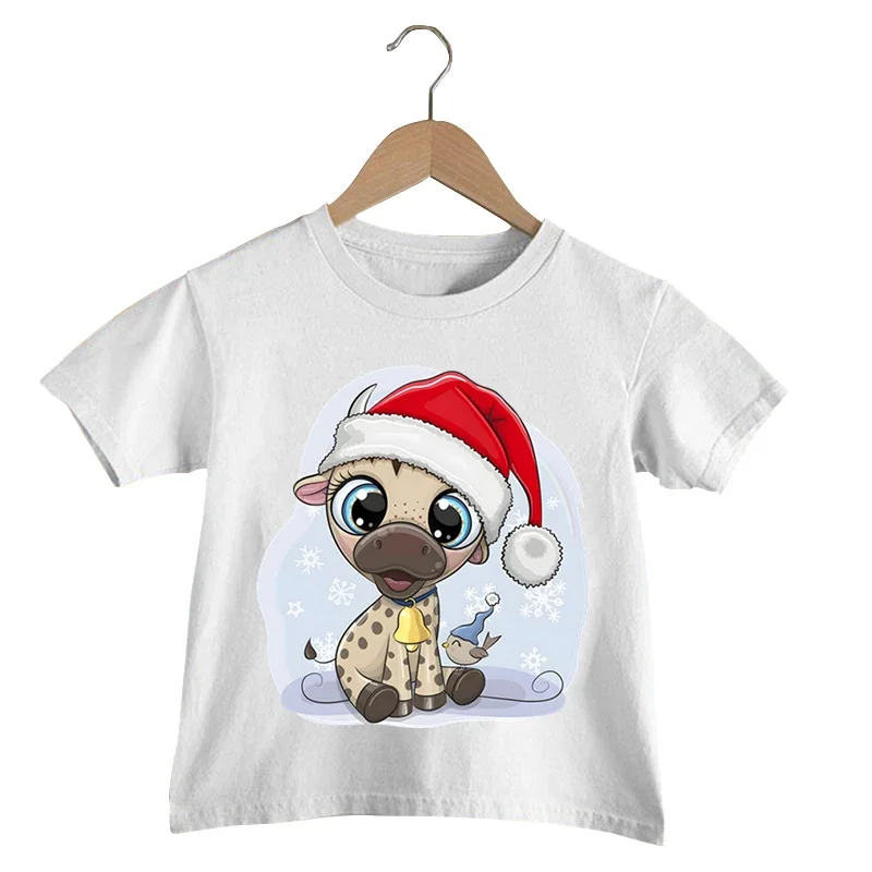 

Детская футболка с надписью «Merry Christmas», с изображением жирафа, единорога, шапки Санты, футболка для девочек с коротким рукавом, уличная одежда, топ, мультяшная Рождественская футболка для мальчиков