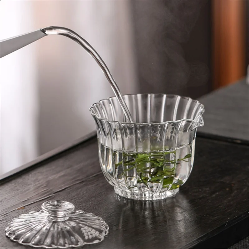 200ml Stripe Glass Gaiwan High Borosilicate Glass Tea Cup Puer Tea Bowl Chawan Soup Tureen Chahai Kung Fu Set Accessorie