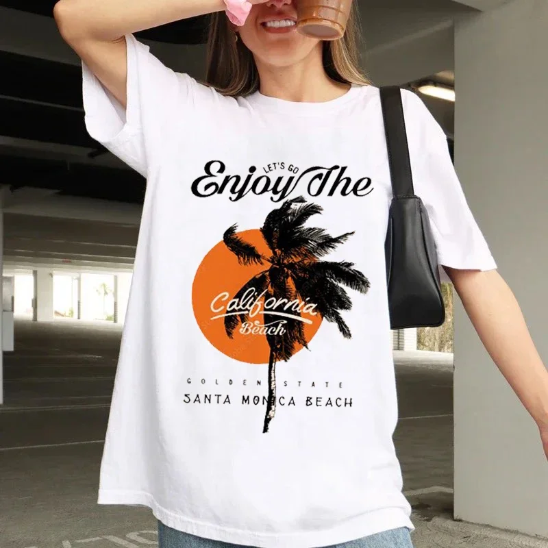 

Let's Go Enjoy The California Beach Pattern Clothing Fun Cartoon Women's Basic Short Sleeve Printed Casual O-Neck Top T-Shirt.