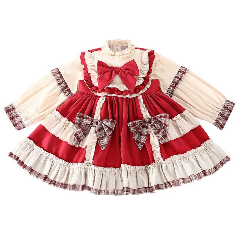 Lolita Girl Kawaii Costume with Bowknot Princess Christmas Ball Gown Party Baby Dresses Headdress Cute New Year Red Shaggy Skirt