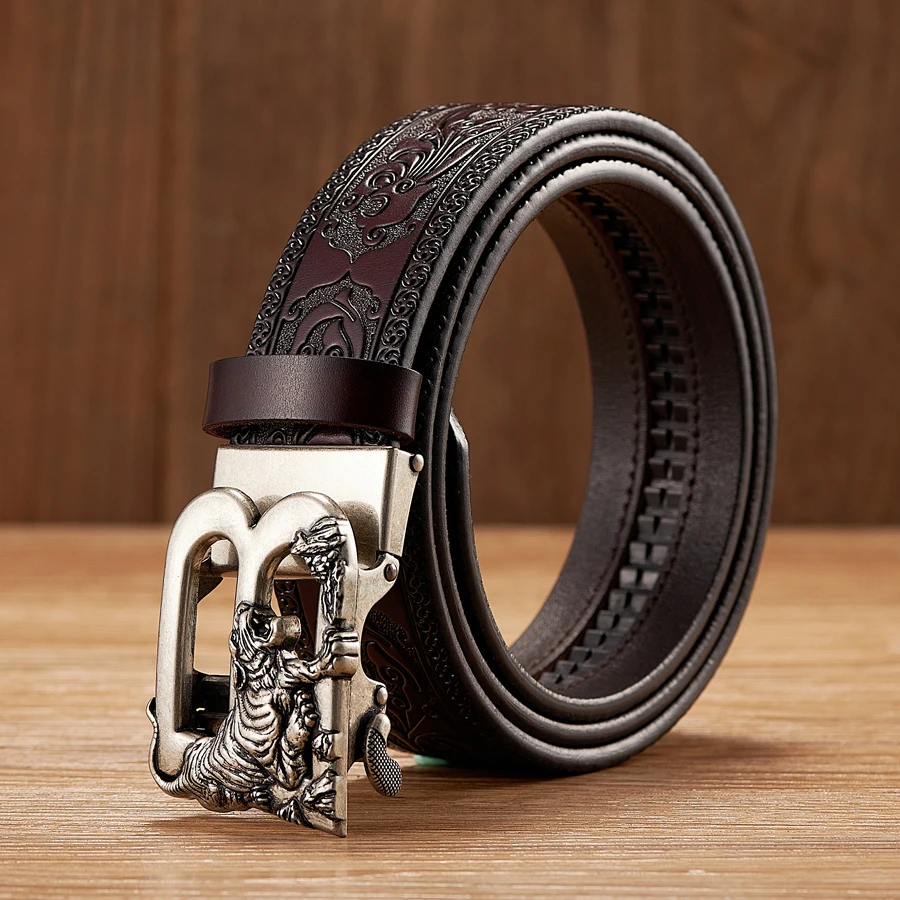 3.5CM Tiger Alloy Automatic Buckle Cowskin Leather Belt Quality Men Wasitbad Strap Genuine Leather Gift Bussiness Belt For Jeans