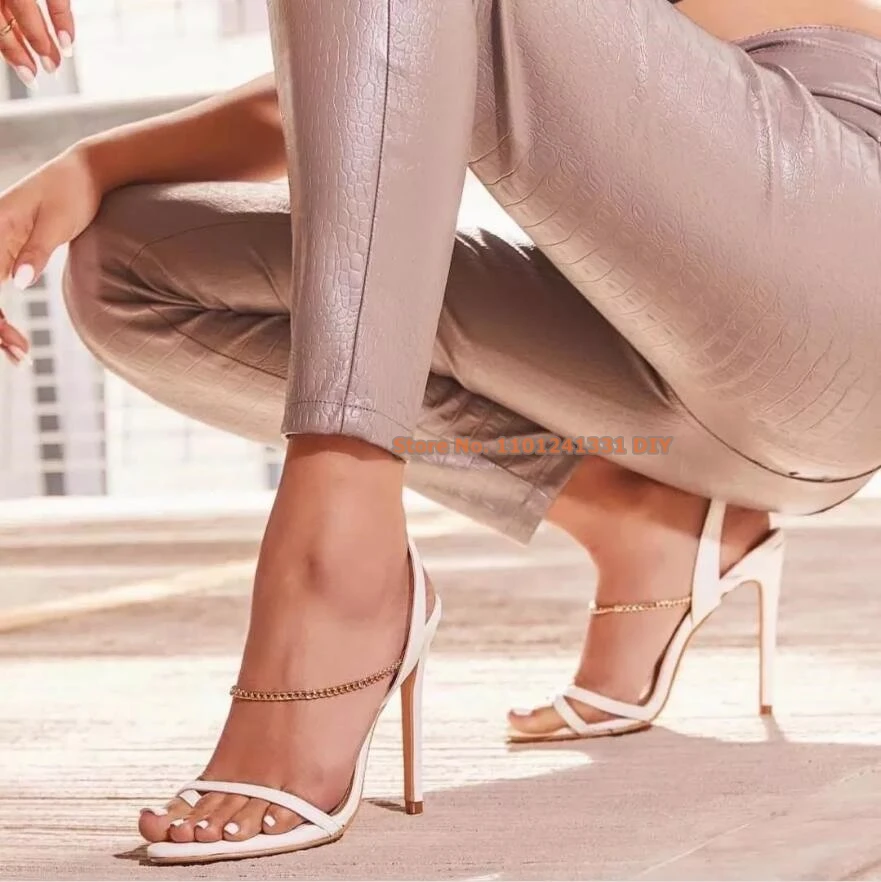 de piel de blanca de diseñador para mujer, cadenas concisas, tobilleras, zapatos, sandalias de tacón alta, de verano| | AliExpress