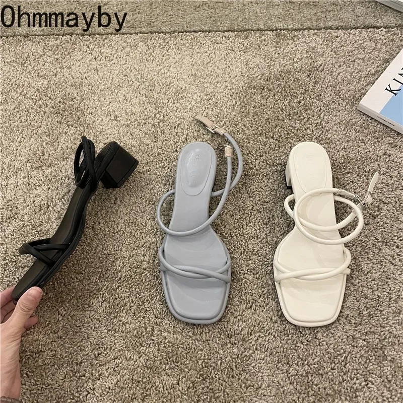 Women Sandals Summer Narrow Band Thick Heel Open Toe Ankle Strap Dress Pumps