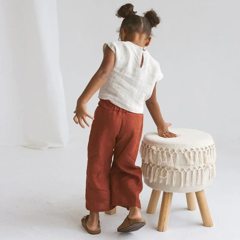 Girls Summer Cotton And Linen Loose Wide-Legged Pants