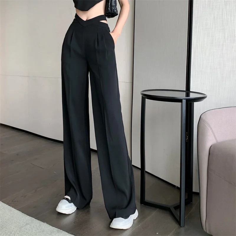 YUANYUANJYCO Korean Hollow Out High Waist Office Lady Wide Leg Pants Women Spring Autumn Back Zip Up Black Long Trousers Woman cargo pants for women